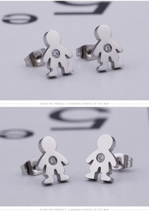 Detailed view of titanium steel boy-shaped earrings with round clear cubic zirconia stones