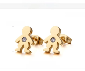Detail view of 18K gold plated boy shape stud earrings with inlaid cubic zirconia