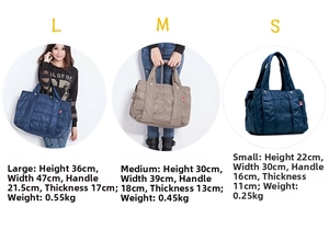 Detailed size guide table for nylon mummy bag showing S M L dimensions and weight details