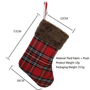 Chaussette de Noël à carreaux avec bordure en peluche, licorne, taille 22x16 cm