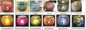 Detailed grid showing twelve mosaic glass candle holders with colorful patterns and love text