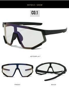 Close-up of black cycling glasses with a large integrated transparent protective lens