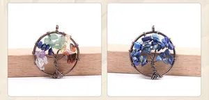 Detail of handmade wire wrapped tree of life pendants with natural colorful crystals