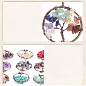 Detailed close-up of handmade Tree of Life pendant with colorful natural crystal stones
