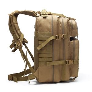 Side view of khaki tactical 3P backpack with MOLLE system and multiple storage compartments