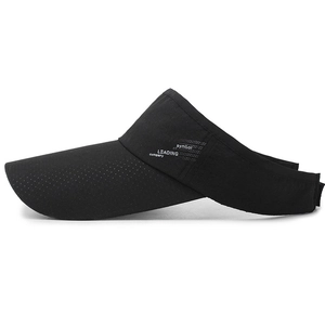 Black breathable open top running hat with long brim and white side text design