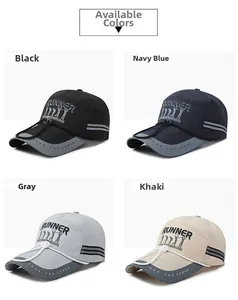 Multiple color options for breathable baseball caps featuring Runner print and curved brim