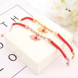 Detailed view of red woven bracelets with golden pig charm on a white gift box