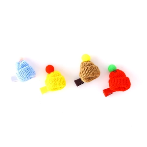 Miniature knitted hat hair clips with colorful pom poms for kids in 4 vibrant colors