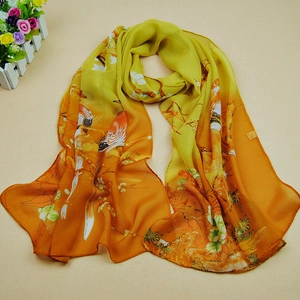 Women Chiffon Scarf Shawl Chinese Style Flower Bird Print Lightweight Sheer Breathable Elegant Wrap