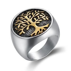 Vintage two-tone stainless steel signet ring with golden Tree of Life relief