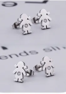 Close-up of minimalist stainless steel girl stud earrings with crystal and butterfly back