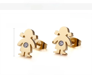 Detail of 12x9mm girl shaped gold earrings with clear round cubic zirconia stones