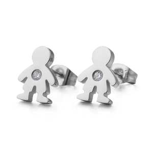 Minimalist silver titanium steel boy shaped stud earrings with sparkling cubic zirconia stone