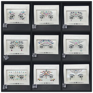 Macro view of assorted face crystal stickers for music festivals in a nine-grid layout