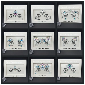 Detailed grid of crystal face stickers in AB colors and blue for music festivals
