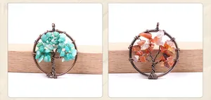 Detailed view of handmade tree of life wire wrapped crystal stone round pendants
