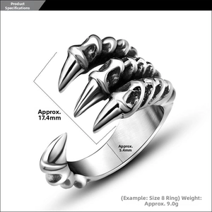 Macro detail of gothic dragon claw ring with dimensions 17.4mm height and 5.4mm width
