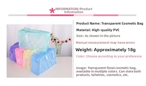 Detail view of multi-color floral PVC waterproof toiletry bags with ribbon handles