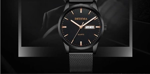 Detail of men's quartz watch showing double calendar window and rose gold markers