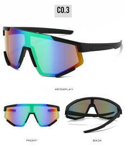 Detailed views of sports cycling sunglasses with multi-color mirrored lenses and black frame