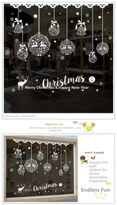 Detailed white Christmas window stickers featuring reindeer, snowflakes and festive bells