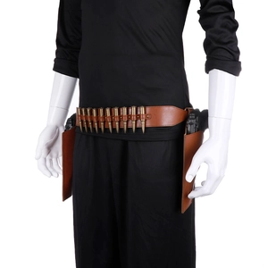 Brown leather cowboy holster belt with decorative bullets and prop revolvers detail