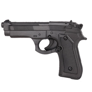 Detailed side view of a realistic matte black cowboy cosplay revolver prop on white backdrop