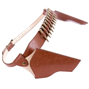 Detail of vintage brown faux leather cowboy holster belt with decorative bullets