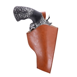 Detailed close-up of a brown leather holster with an ornate engraved revolver replica