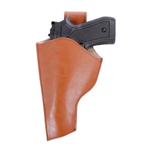 Close-up of brown leather western holster with black revolver prop on white background