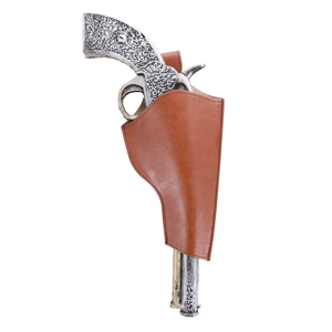 Detail of vintage brown leather holster with engraved western style decorative revolver