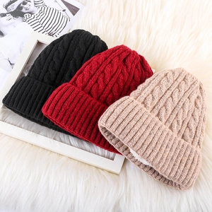 Winter mohair knit beanies with warm fleece lining in black, red, and khaki colors