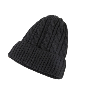 Thick black cable knit mohair beanie hat for women with warm lining for winter season