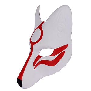 Detail of white PU leather Kitsune mask with red cloud patterns for cosplay parties