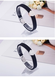 Detail of black silicone bracelet showing honeycomb texture and metal buckle engravings