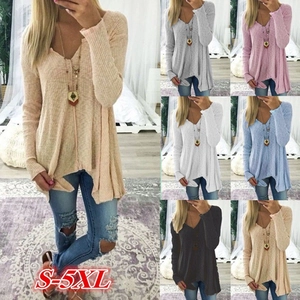 Women V-Neck Knit Sweater Waffle Ribbed Long Sleeve Pullover Irregular Hem Loose Casual Polyester Cotton Top