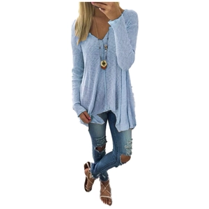 Light blue V-neck ribbed knit sweater tunic with long sleeves in a relaxed fit