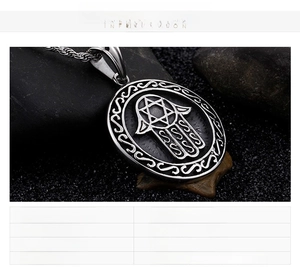 Macro view of stainless steel Hamsa Hand pendant with Star of David on a twist chain