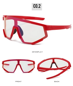 Three-way view of red frame cycling glasses with clear lenses and sporty design
