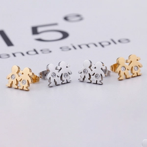 Fashionable titanium steel boy and girl silhouette stud earrings with clear zircon stones