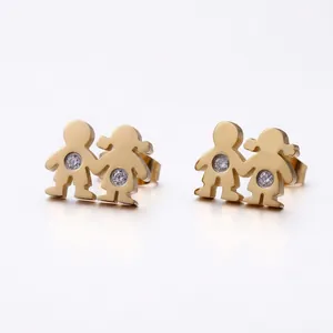 Boy And Girl Silhouette Stud Earrings Titanium Steel Rhinestone Cartoon Figure Hypoallergenic Jewelry For Kids Adults