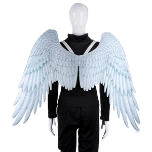 Detail of light blue and white angel wings featuring realistic feather printed texture
