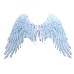 Detail of light blue angel wings with realistic printed feathers and elastic straps
