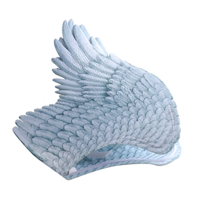 Detail view of light blue and white angel wings with textured feathers and elastic straps