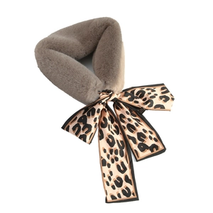 Warm grey faux rabbit fur scarf featuring a stylish leopard print satin ribbon bow