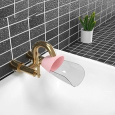 Pink silicone faucet extender for kids with a transparent ABS water guide channel
