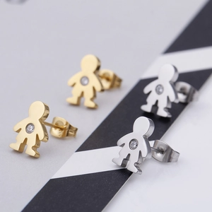 Minimalist boy-shaped titanium steel stud earrings with embedded crystals in gold and silver