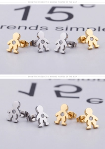 Detailed view of titanium steel boy-shaped stud earrings in gold and silver with cubic zirconia