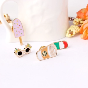Creative enamel pin set featuring cartoon ice cream, sunglasses and coffee cup designs